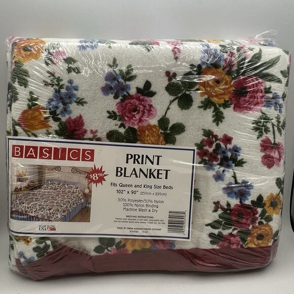 Vintage Floral Rose Pink Blue Satin Trim Blanket Queen King 90x102 USA NEW - Picture 2 of 6